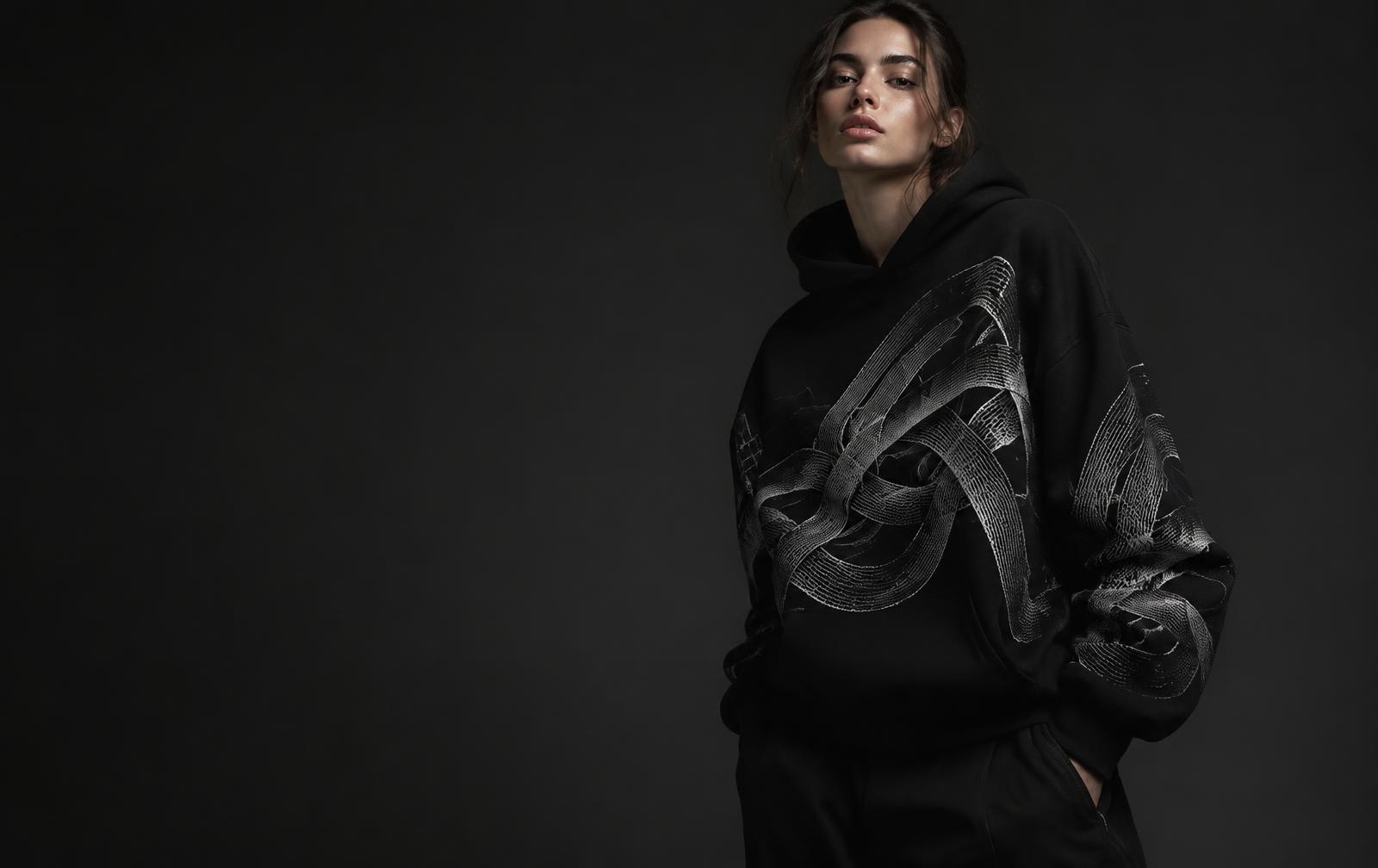 Model wearing an AuraWeave hoodie with woven silver artwork